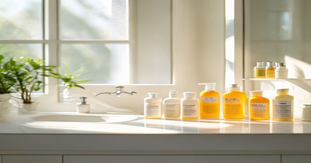 Best sunscreen products arranged by skin type on a bathroom counter with natural lighting