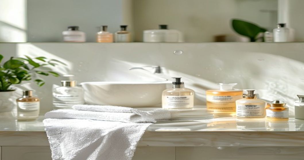 Collection of best moisturizer products arranged on a bathroom counter with water droplets for hydration emphasis