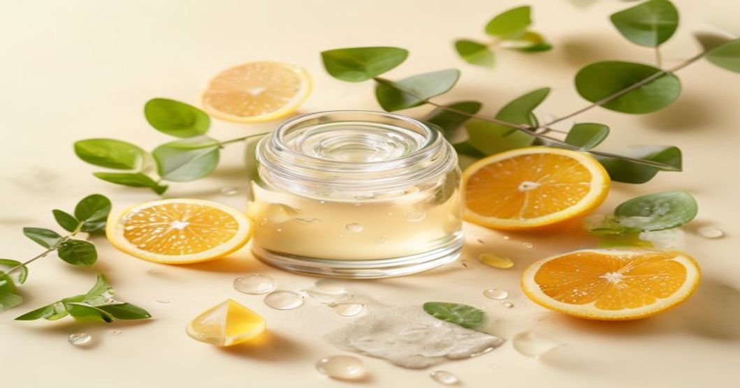 Best moisturizer for crepey neck skin with peptides and vitamin C displayed in soft pastel beauty flatlay