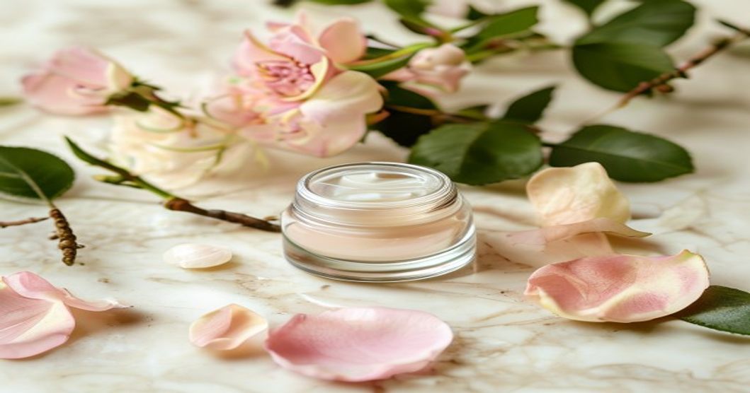 Best peptide eye cream for fine lines and wrinkles displayed in a soft beauty flatlay with botanicals and light texture