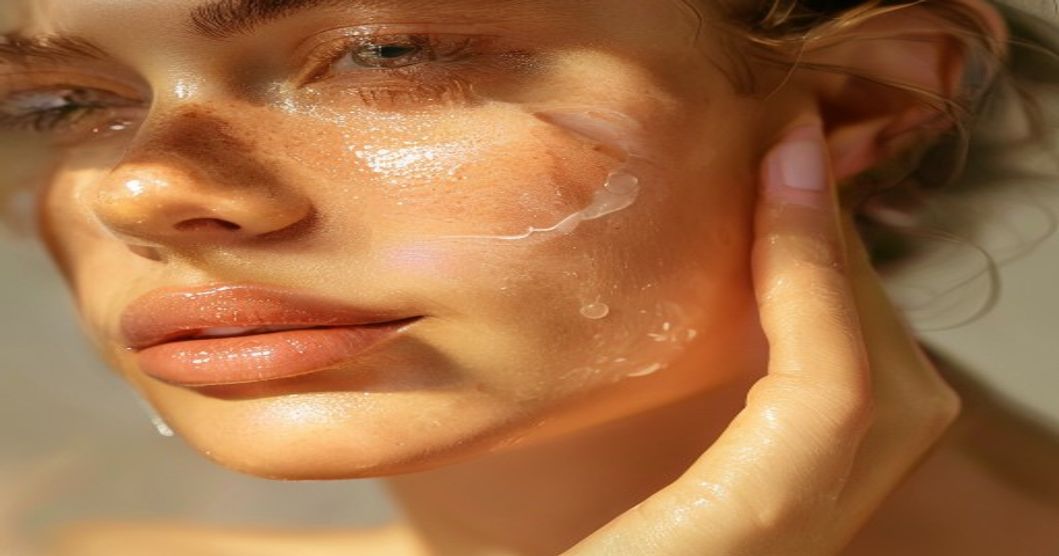 Post-laser skin moisturizing technique: gentle application of healing cream on dewy, glowing complexion