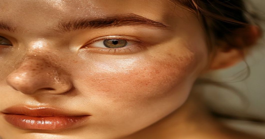 Close-up of dewy under-eye skin showing the effects of peptide eye cream for fine lines
