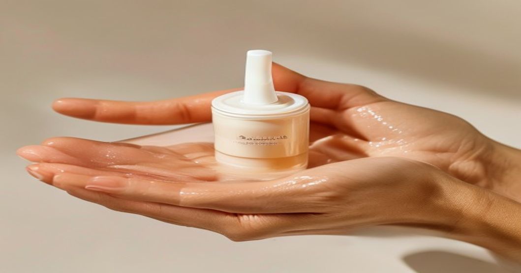 Applying hydrating moisturizer showing absorption and texture of hyaluronic acid formula