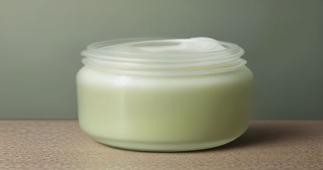 Hands-on view of a soothing moisturizer cream with botanical extracts showing creamy, non-greasy texture
